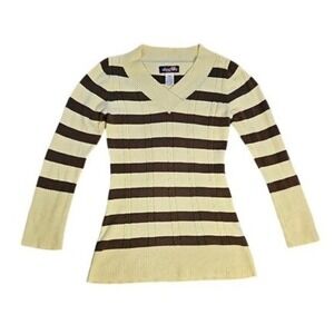 Vibrations Womens Striped V-Neck Cable Knit Sweater Yellow Brown Size 7/8